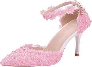 ANUFER Women's Elegant Pointed Toe Stiletto Heel Ankle Strap Pumps Floral Lace Pearls Bridal Shoes