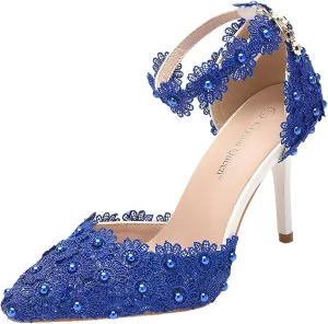 ANUFER Women's Elegant Pointed Toe Stiletto Heel Ankle Strap Pumps Floral Lace Pearls Bridal Shoes