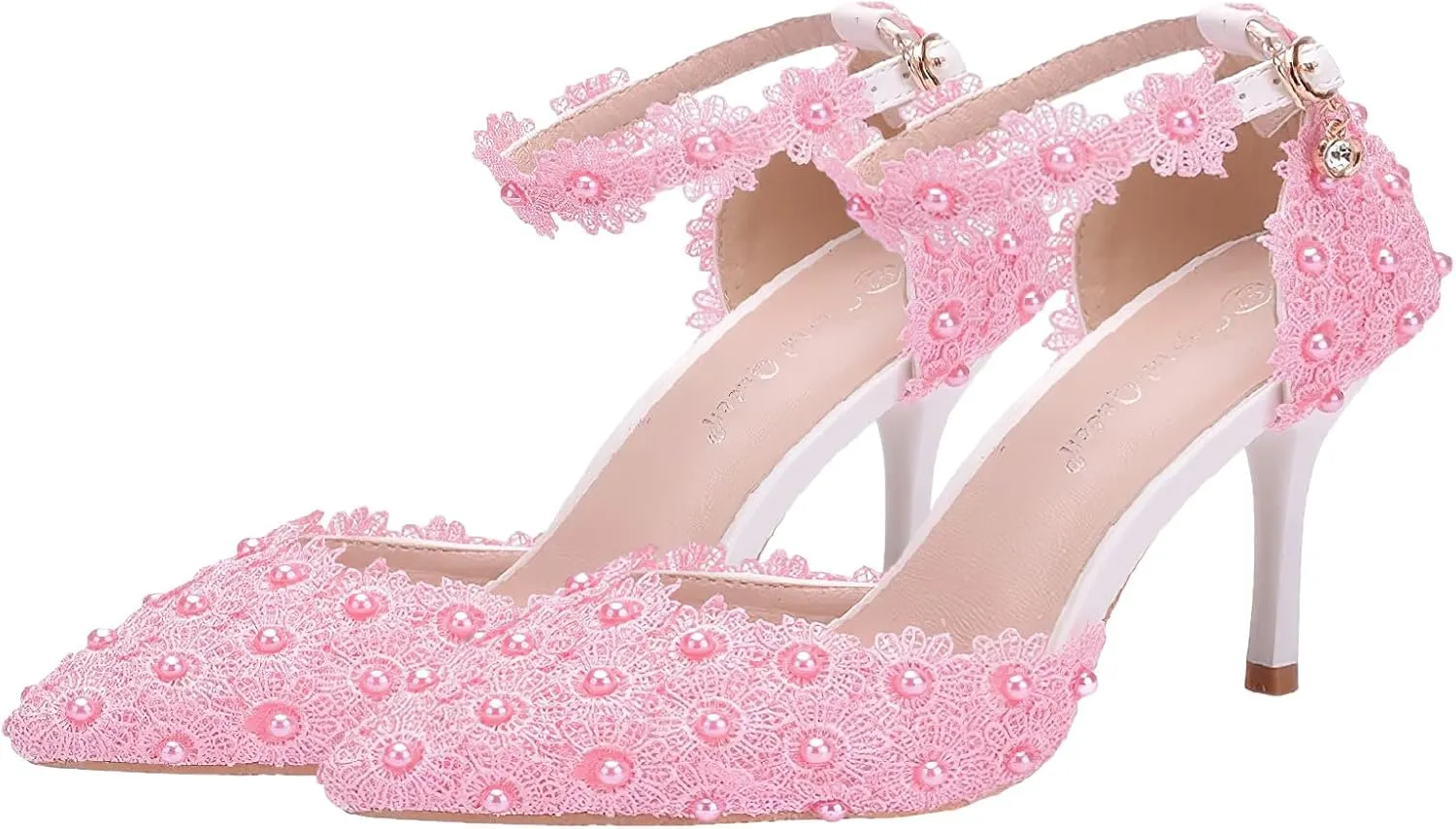 ANUFER Women's Elegant Pointed Toe Stiletto Heel Ankle Strap Pumps Floral Lace Pearls Bridal Shoes