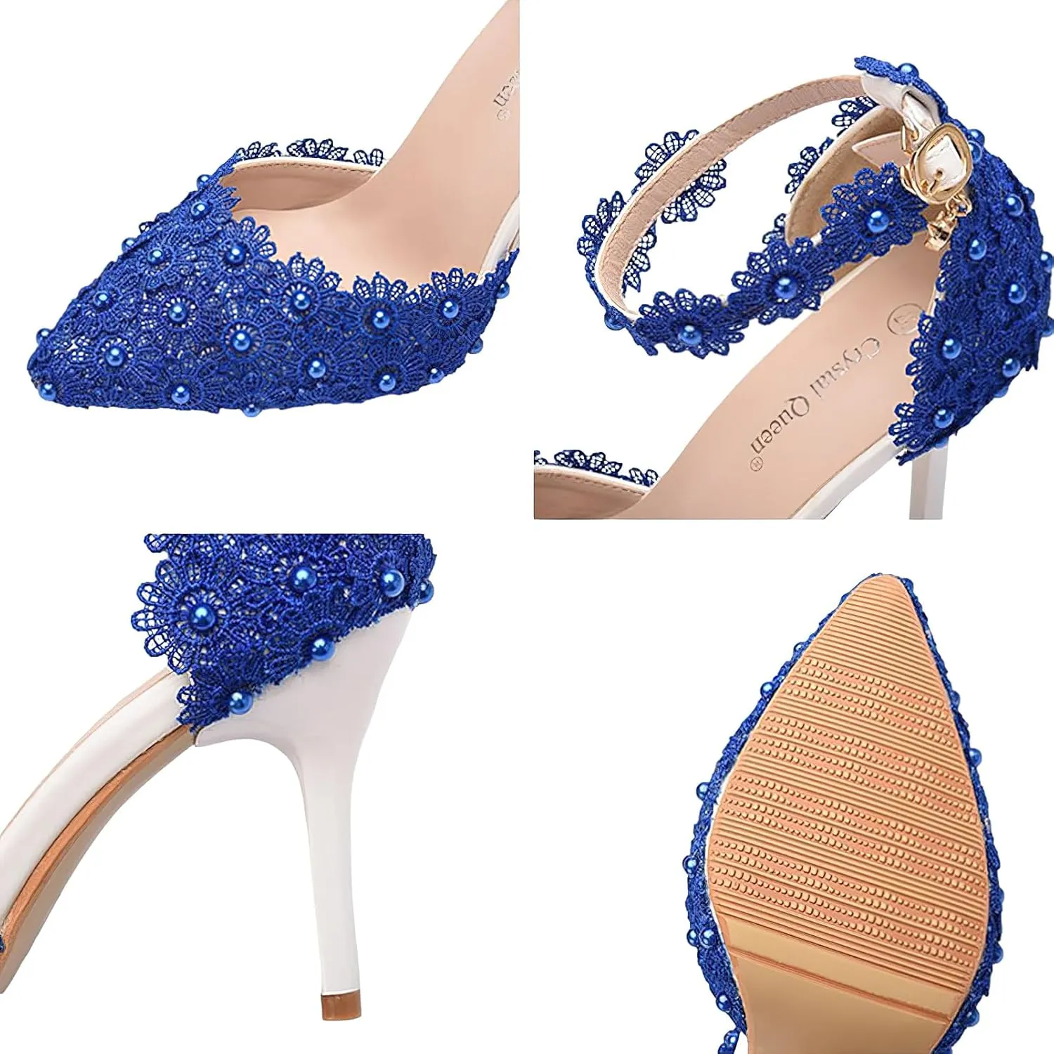 ANUFER Women's Elegant Pointed Toe Stiletto Heel Ankle Strap Pumps Floral Lace Pearls Bridal Shoes