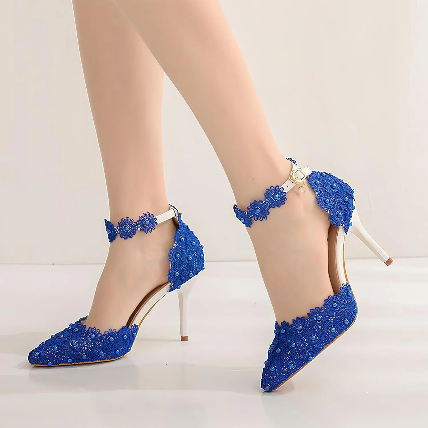 ANUFER Women's Elegant Pointed Toe Stiletto Heel Ankle Strap Pumps Floral Lace Pearls Bridal Shoes