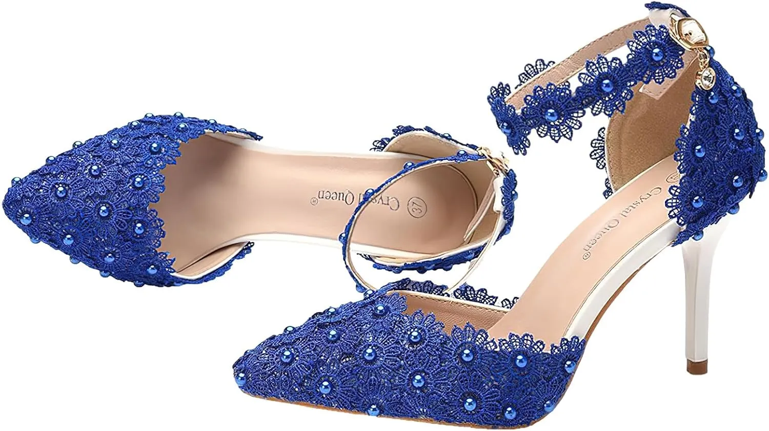 ANUFER Women's Elegant Pointed Toe Stiletto Heel Ankle Strap Pumps Floral Lace Pearls Bridal Shoes