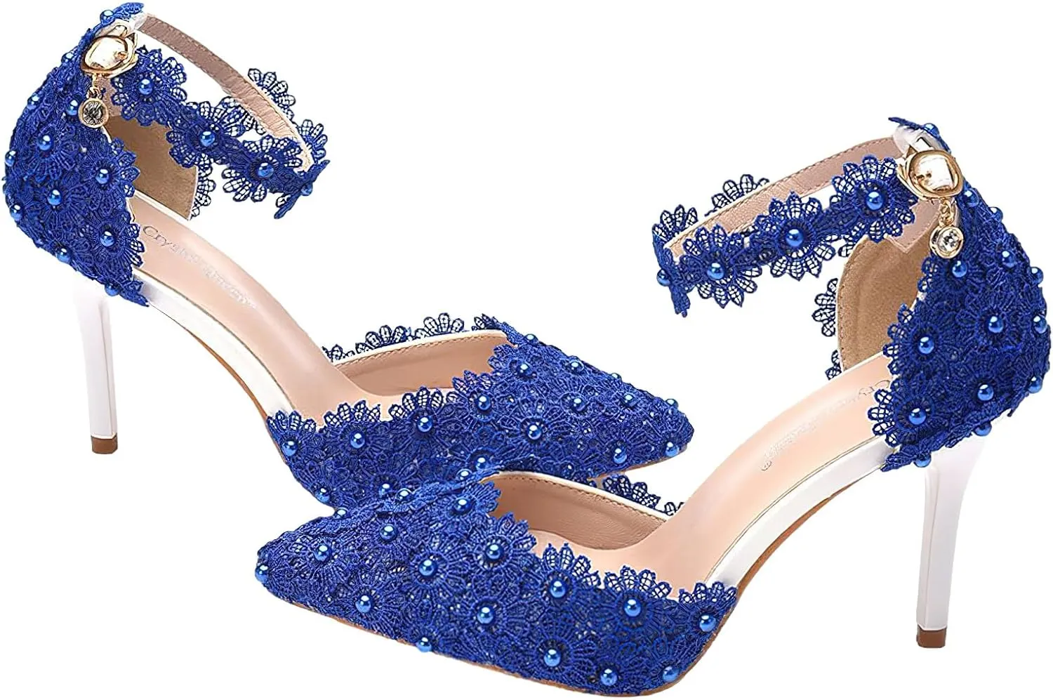 ANUFER Women's Elegant Pointed Toe Stiletto Heel Ankle Strap Pumps Floral Lace Pearls Bridal Shoes