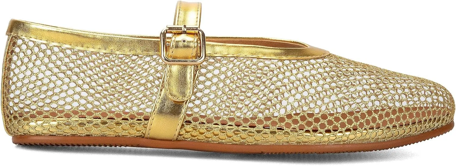 Arqa Women's Rhinestone Ballet Flats Sparkly Crystals Ballerina Shoes Buckled Straps Mesh Mary Jane Flat Casual Low Heels