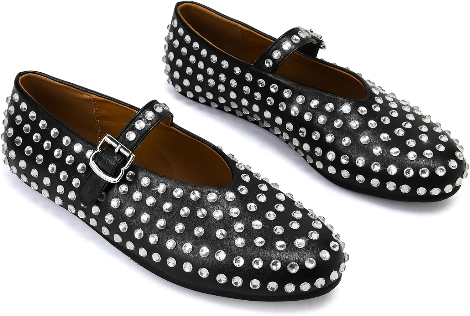 Arqa Women's Rhinestone Ballet Flats Sparkly Crystals Ballerina Shoes Buckled Straps Mesh Mary Jane Flat Casual Low Heels