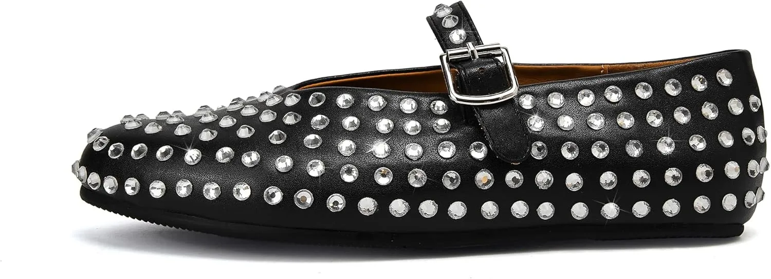 Arqa Women's Rhinestone Ballet Flats Sparkly Crystals Ballerina Shoes Buckled Straps Mesh Mary Jane Flat Casual Low Heels