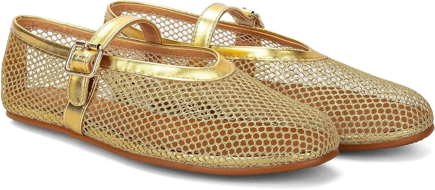 Arqa Women's Rhinestone Ballet Flats Sparkly Crystals Ballerina Shoes Buckled Straps Mesh Mary Jane Flat Casual Low Heels