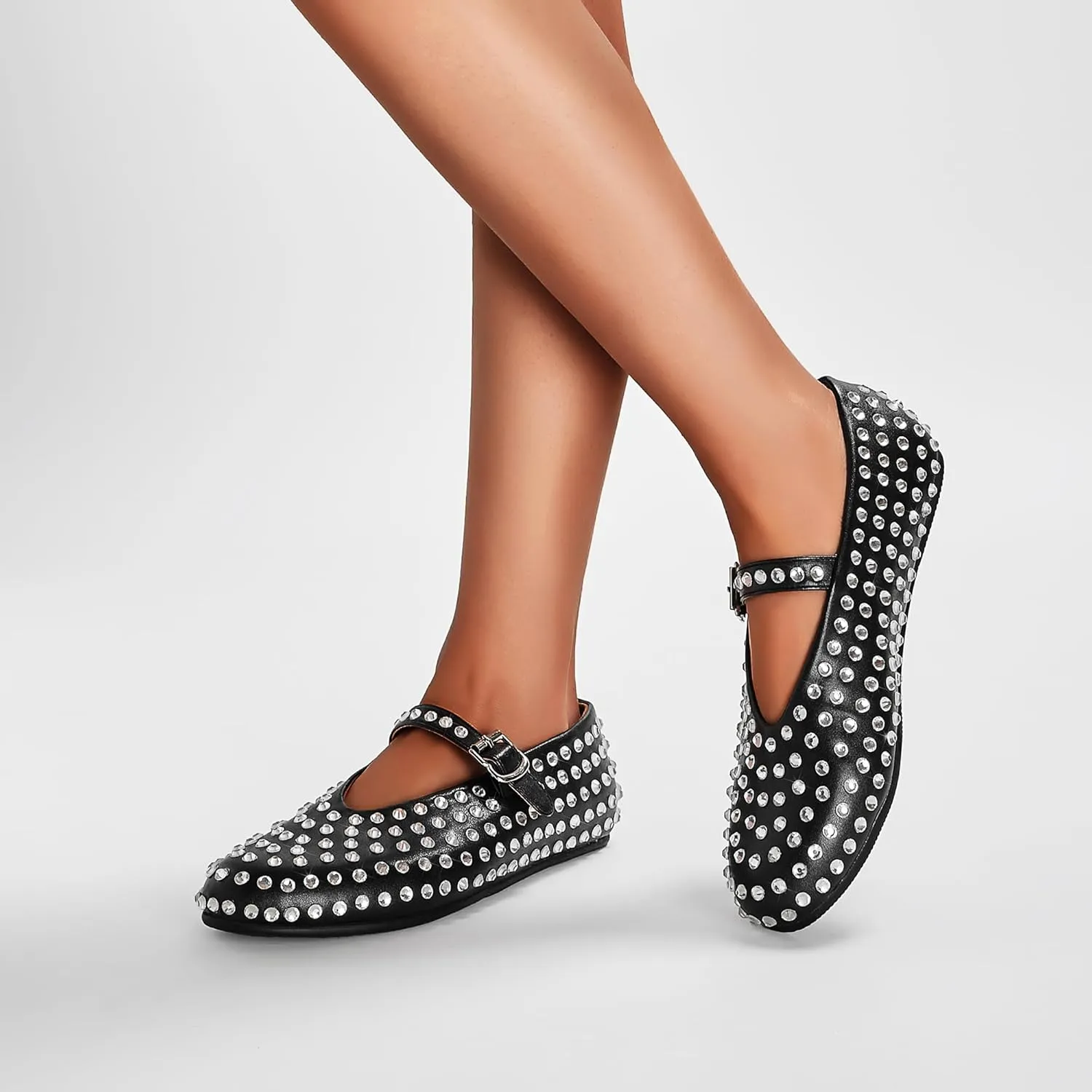 Arqa Women's Rhinestone Ballet Flats Sparkly Crystals Ballerina Shoes Buckled Straps Mesh Mary Jane Flat Casual Low Heels