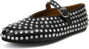 Arqa Women's Rhinestone Ballet Flats Sparkly Crystals Ballerina Shoes Buckled Straps Mesh Mary Jane Flat Casual Low Heels