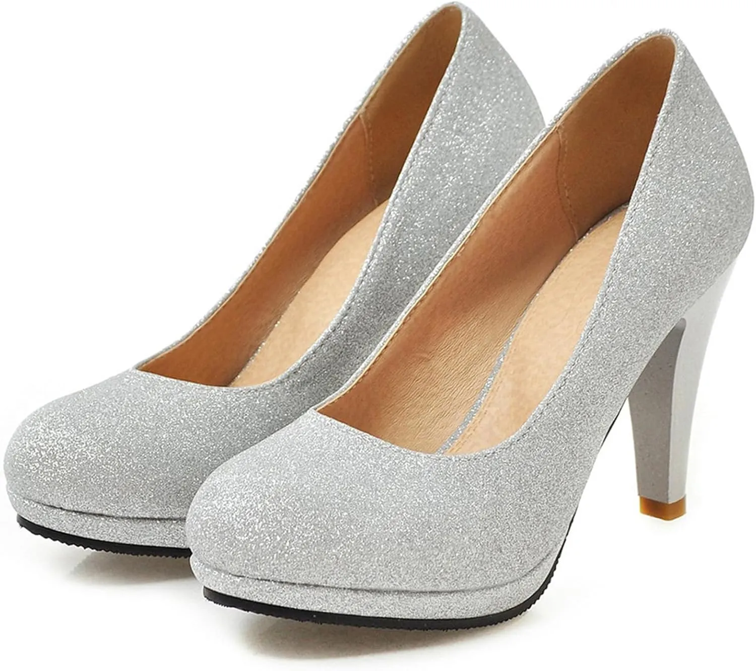 Asterisco Women Cone Heel Pumps with Platform Glitter High Heel Shoes Round Toe Slip On Elegant Glitter Shoes, Size 1-12