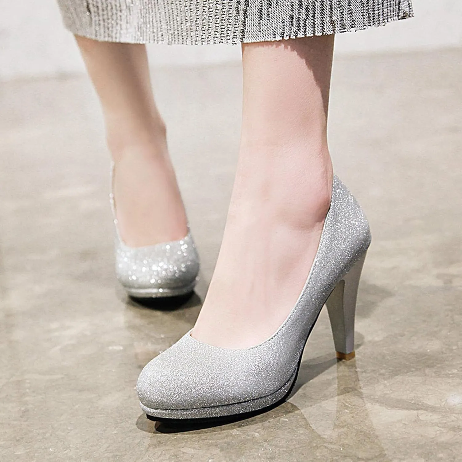 Asterisco Women Cone Heel Pumps with Platform Glitter High Heel Shoes Round Toe Slip On Elegant Glitter Shoes, Size 1-12