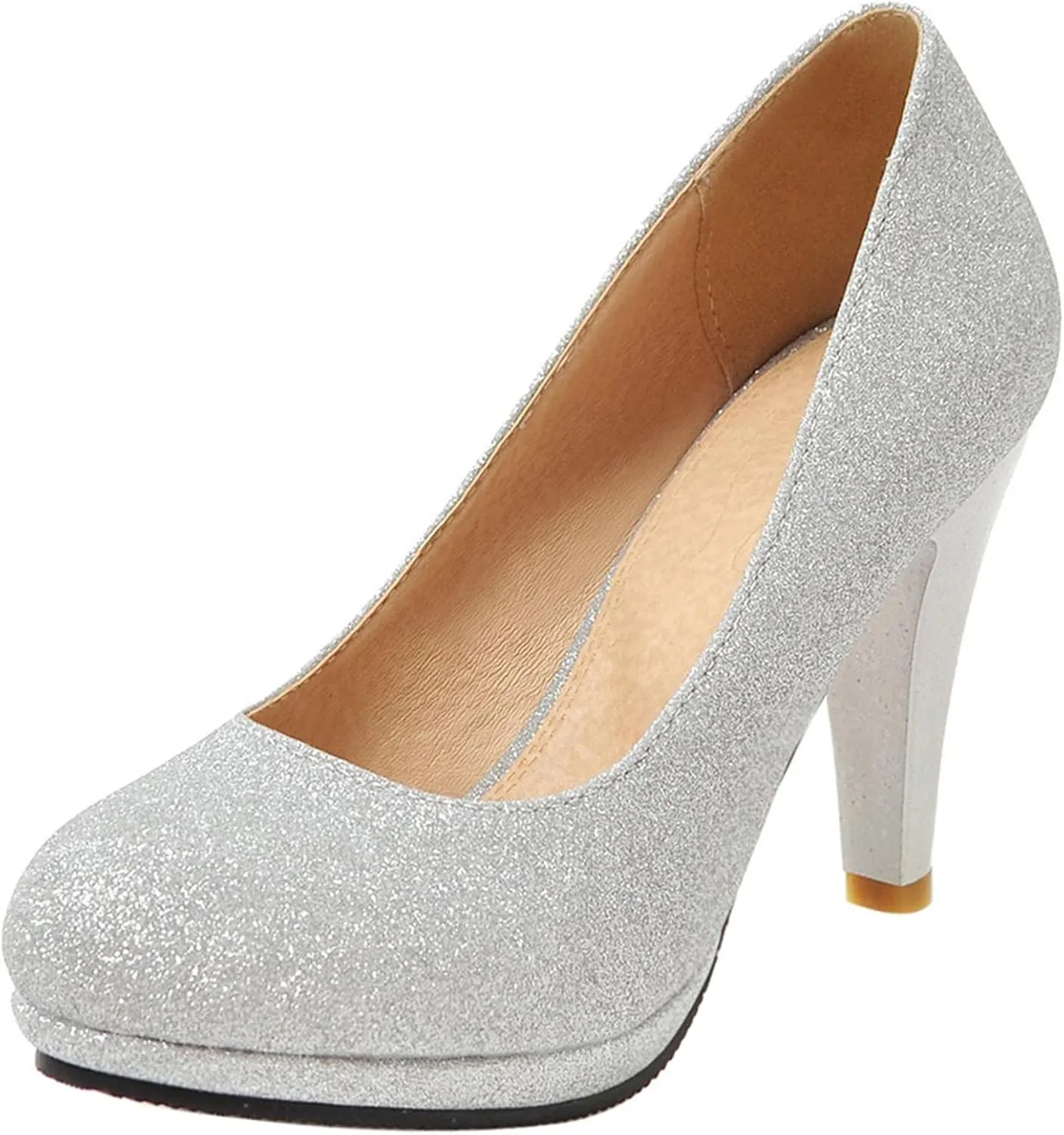 Asterisco Women Cone Heel Pumps with Platform Glitter High Heel Shoes Round Toe Slip On Elegant Glitter Shoes, Size 1-12