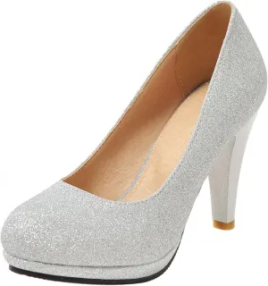Asterisco Women Cone Heel Pumps with Platform Glitter High Heel Shoes Round Toe Slip On Elegant Glitter Shoes, Size 1-12