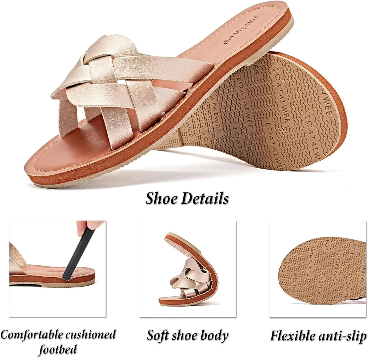 Ataiwee Women's Flat Slide Sandals - Fashion Slip On Flat Summer Shoes.