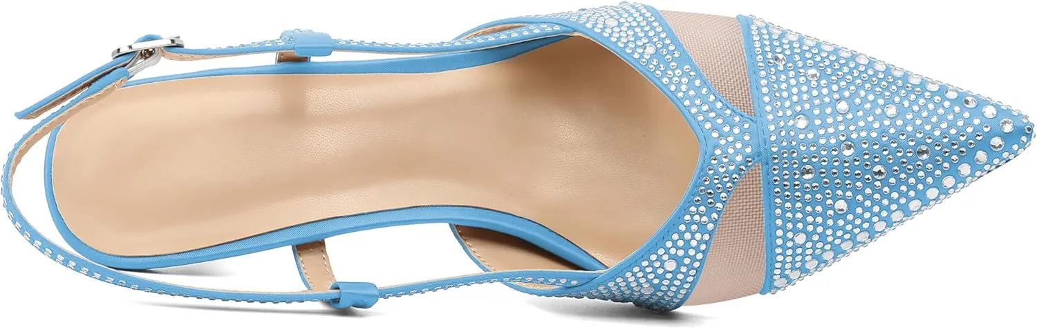 AUMOTED Women Low Heel Pumps Slingback Heels Elegant Pointed Toe 2.5 Inch Heels with Rhinestone Dressy Pumps
