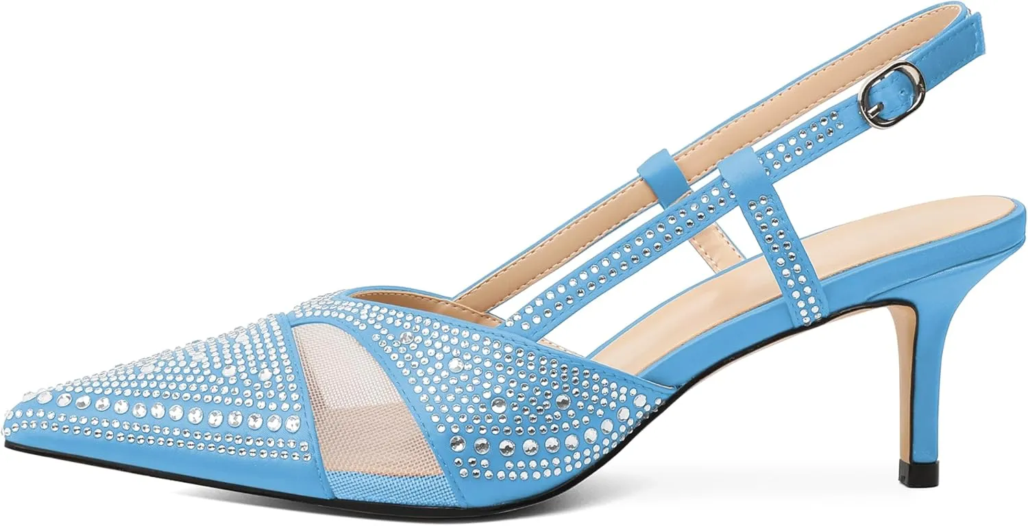 AUMOTED Women Low Heel Pumps Slingback Heels Elegant Pointed Toe 2.5 Inch Heels with Rhinestone Dressy Pumps