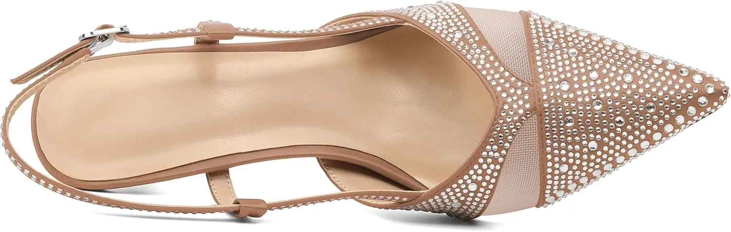 AUMOTED Women Low Heel Pumps Slingback Heels Elegant Pointed Toe 2.5 Inch Heels with Rhinestone Dressy Pumps