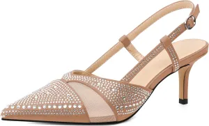 AUMOTED Women Low Heel Pumps Slingback Heels Elegant Pointed Toe 2.5 Inch Heels with Rhinestone Dressy Pumps