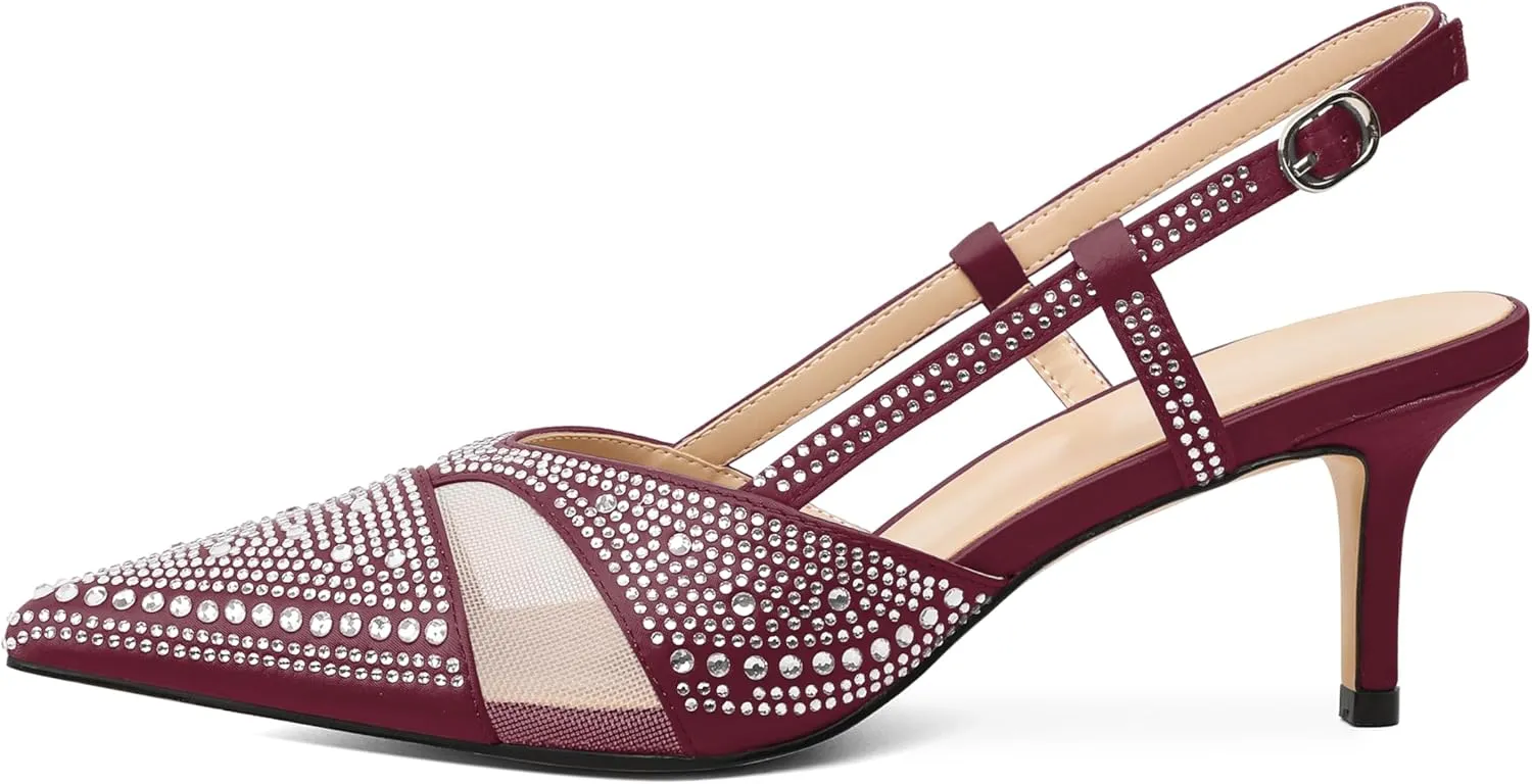 AUMOTED Women Low Heel Pumps Slingback Heels Elegant Pointed Toe 2.5 Inch Heels with Rhinestone Dressy Pumps