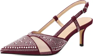 AUMOTED Women Low Heel Pumps Slingback Heels Elegant Pointed Toe 2.5 Inch Heels with Rhinestone Dressy Pumps