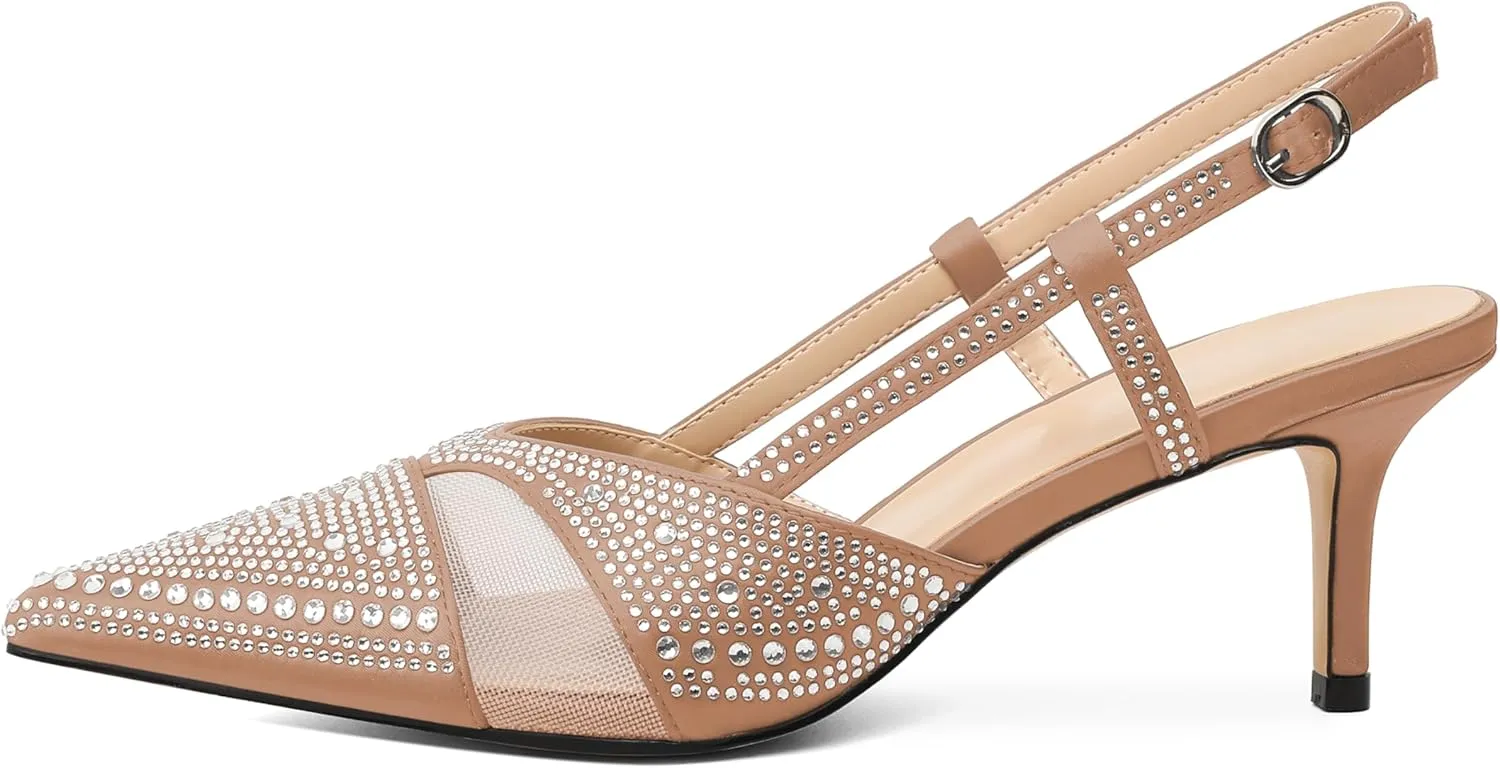 AUMOTED Women Low Heel Pumps Slingback Heels Elegant Pointed Toe 2.5 Inch Heels with Rhinestone Dressy Pumps