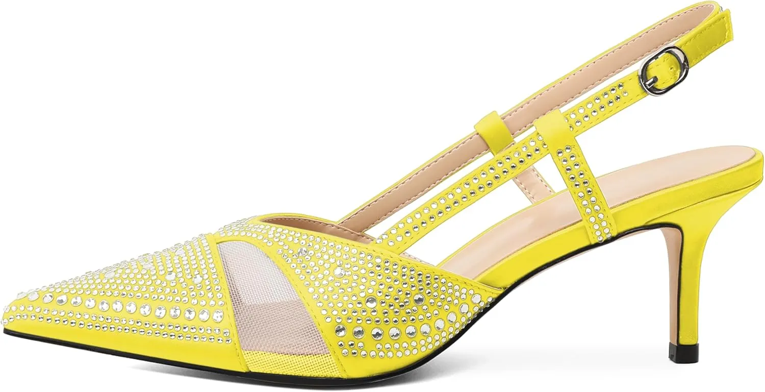 AUMOTED Women Low Heel Pumps Slingback Heels Elegant Pointed Toe 2.5 Inch Heels with Rhinestone Dressy Pumps