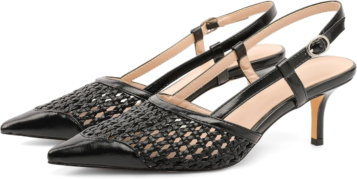 AUMOTED Women Low Heel Pumps Slingback Heels Elegant Pointed Toe 2.5 Inch Heels with Rhinestone Dressy Pumps
