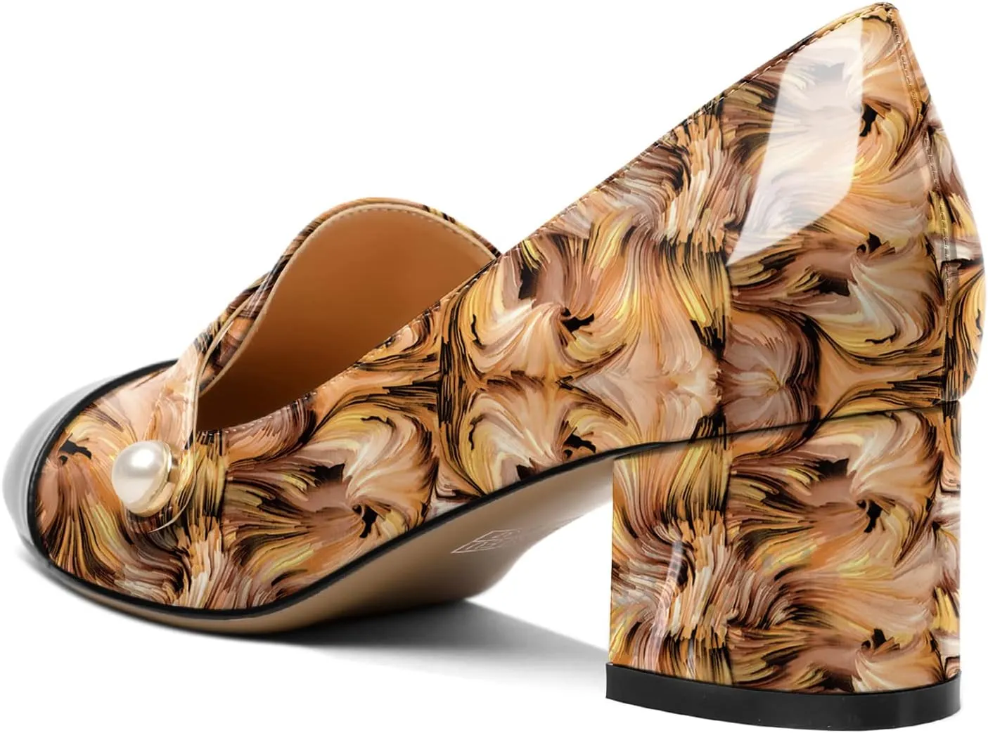 AUMOTED Women's Block Heels Pumps Slip On Chunky Low Heels Round Cap Toe with Pearl Pumps for Wedding Party Office Classic Patent Leather Dress Shoes 2 Inches