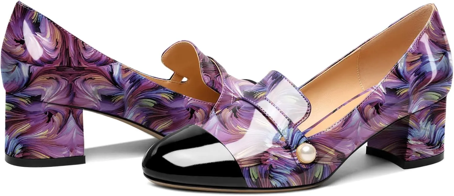 AUMOTED Women's Block Heels Pumps Slip On Chunky Low Heels Round Cap Toe with Pearl Pumps for Wedding Party Office Classic Patent Leather Dress Shoes 2 Inches