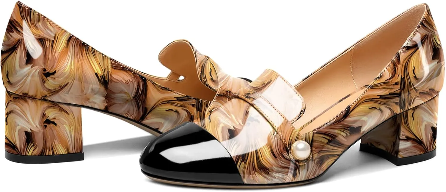 AUMOTED Women's Block Heels Pumps Slip On Chunky Low Heels Round Cap Toe with Pearl Pumps for Wedding Party Office Classic Patent Leather Dress Shoes 2 Inches