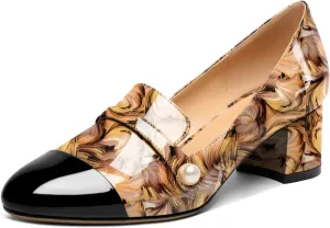 AUMOTED Women's Block Heels Pumps Slip On Chunky Low Heels Round Cap Toe with Pearl Pumps for Wedding Party Office Classic Patent Leather Dress Shoes 2 Inches