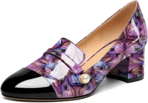 AUMOTED Women's Block Heels Pumps Slip On Chunky Low Heels Round Cap Toe with Pearl Pumps for Wedding Party Office Classic Patent Leather Dress Shoes 2 Inches