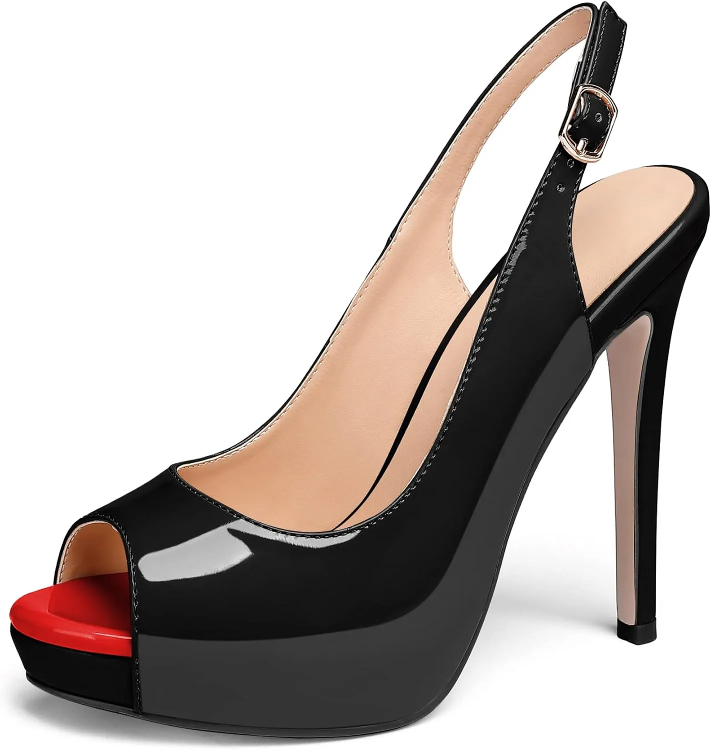 AUMOTED Women's High Heel Slingback Pumps Stilettos High Heels Patent Slingback Pumps Solid Peep Toe Platform Stilettos Pumps Dating Party Dress Shoes 4.7 Inch
