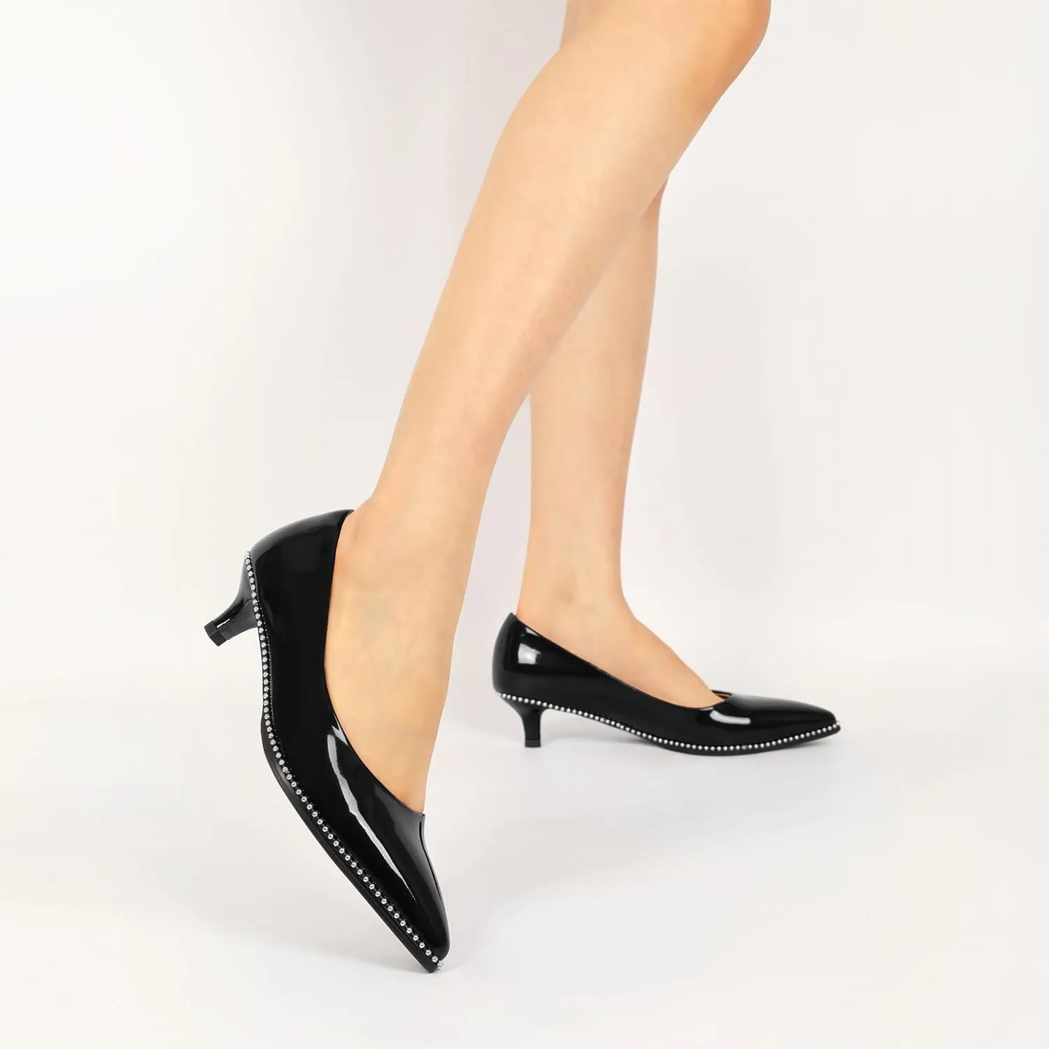 AUMOTED Women's Kitten Heel Pumps Pointy Toe Low Heel Slip-on with Beaded Dress Shoes for Ladies Office Wedding Work Evening 4CM