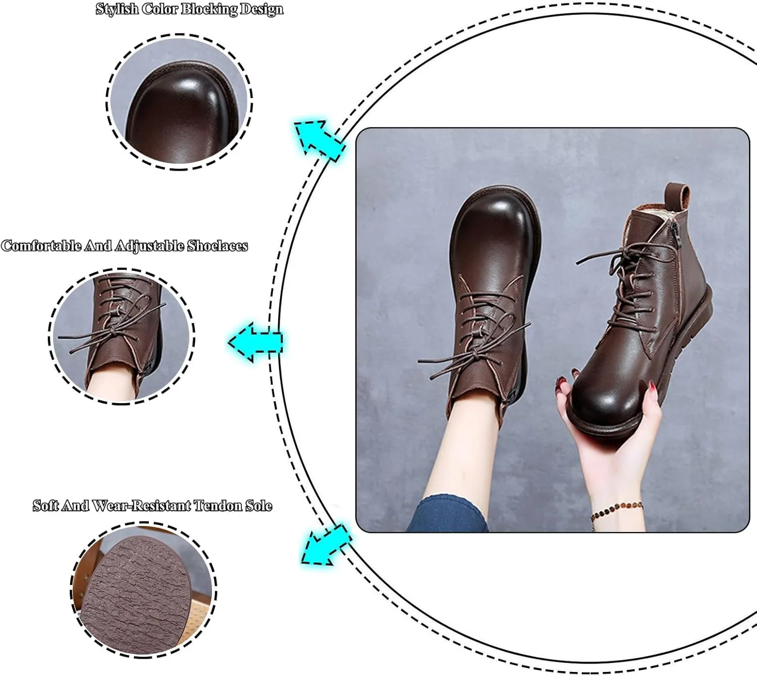 AUNTHUI Women'S Genuine Leather Ankle Boots Round Toe Flat Short Boots,Comfortable And Soft Side Zipper Retro Casual Boots