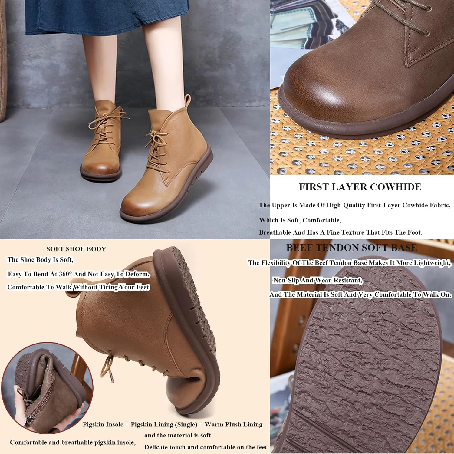 AUNTHUI Women'S Genuine Leather Ankle Boots Round Toe Flat Short Boots,Comfortable And Soft Side Zipper Retro Casual Boots