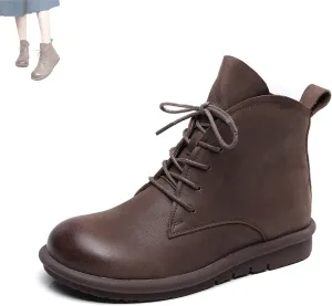 AUNTHUI Women'S Genuine Leather Ankle Boots Round Toe Flat Short Boots,Comfortable And Soft Side Zipper Retro Casual Boots