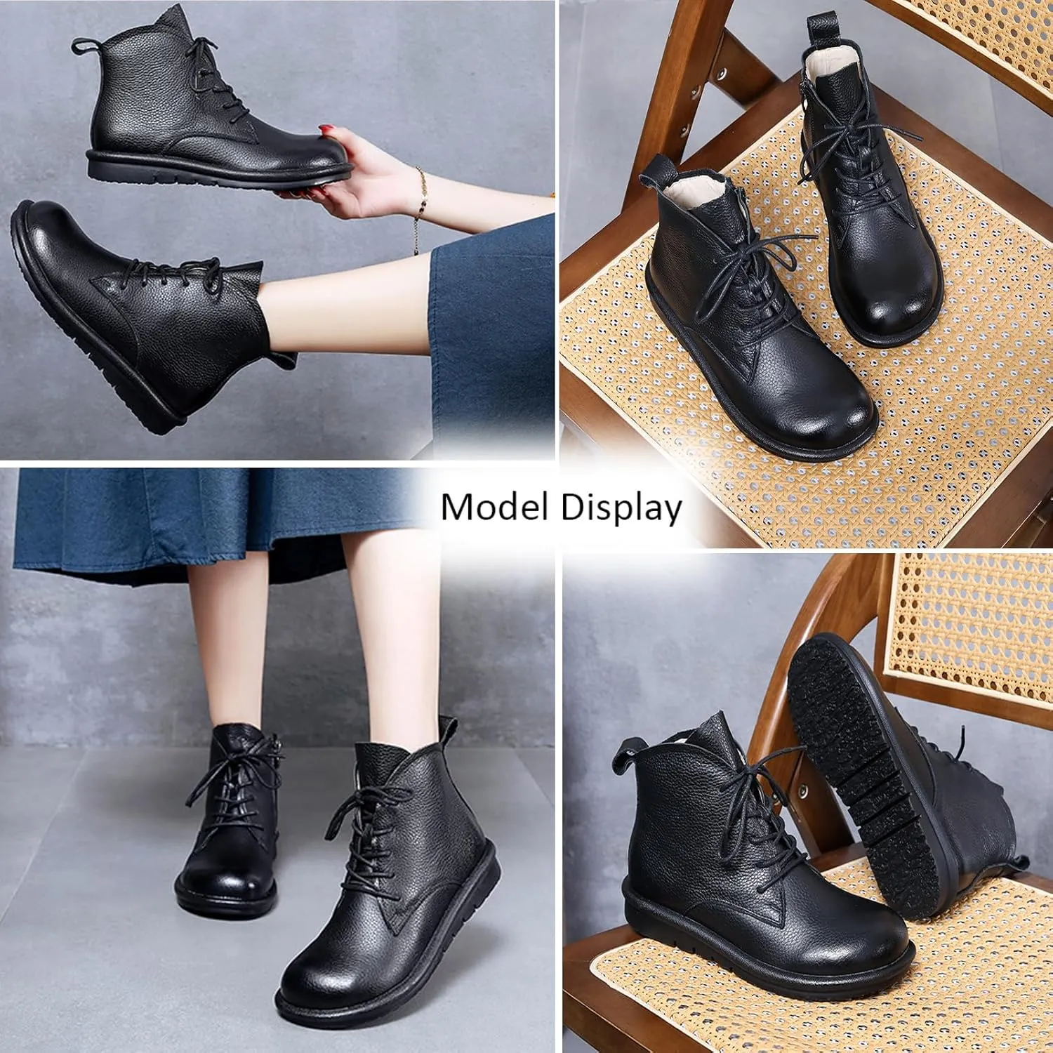 AUNTHUI Women'S Genuine Leather Ankle Boots Round Toe Flat Short Boots,Comfortable And Soft Side Zipper Retro Casual Boots