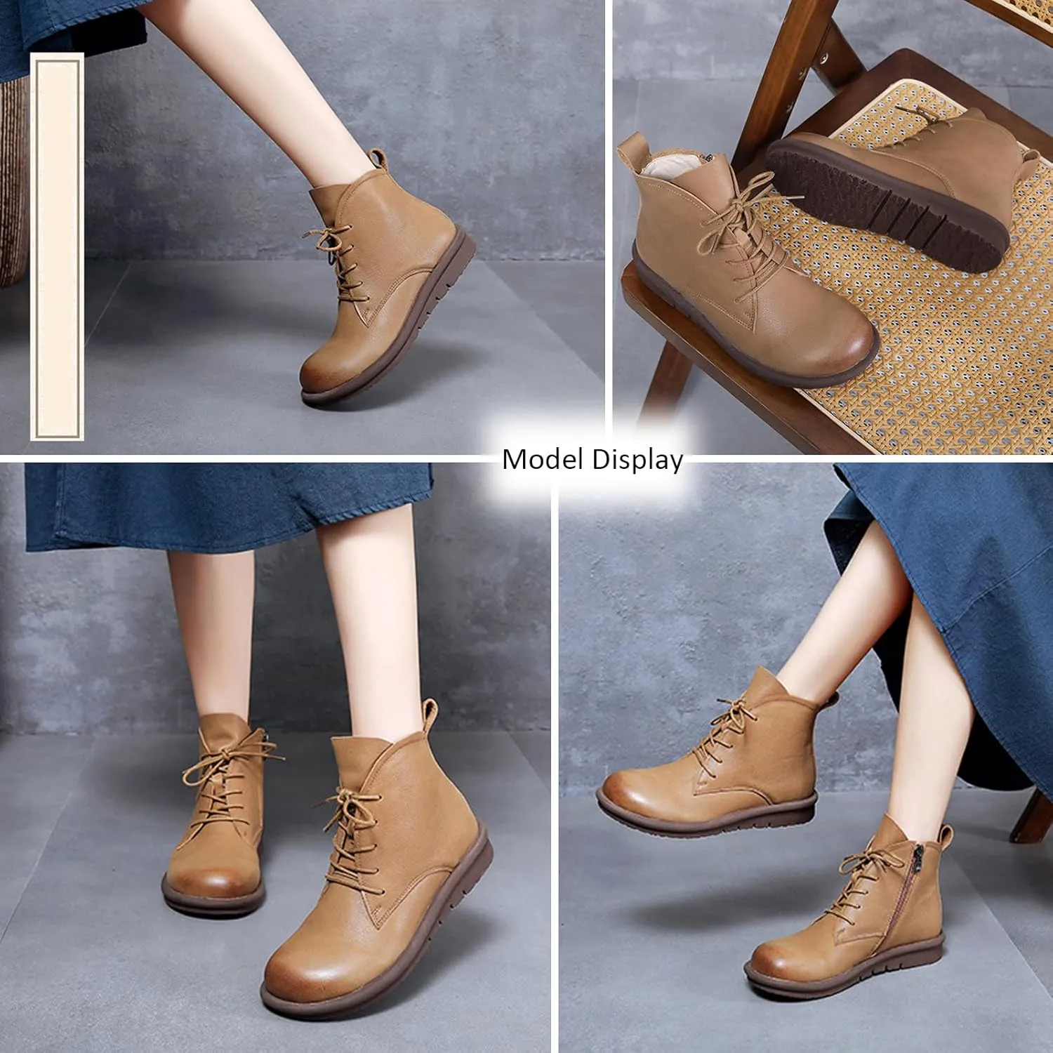 AUNTHUI Women'S Genuine Leather Ankle Boots Round Toe Flat Short Boots,Comfortable And Soft Side Zipper Retro Casual Boots