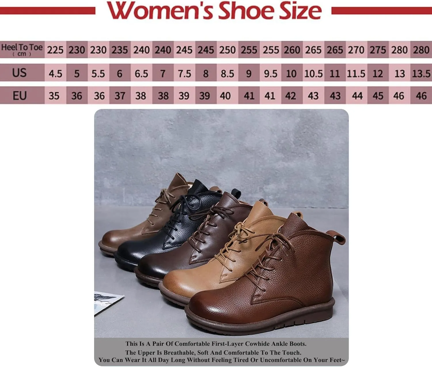 AUNTHUI Women'S Genuine Leather Ankle Boots Round Toe Flat Short Boots,Comfortable And Soft Side Zipper Retro Casual Boots
