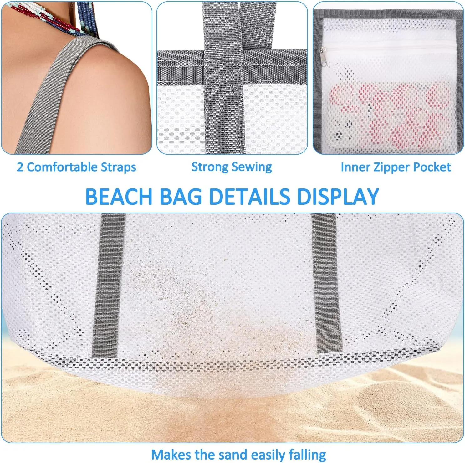 Ayieyill Mesh Beach Bag Tote Bag for Women, Foldable Swim Large Beach Tote Bag with Zipper Pockets Waterproof Sandproof