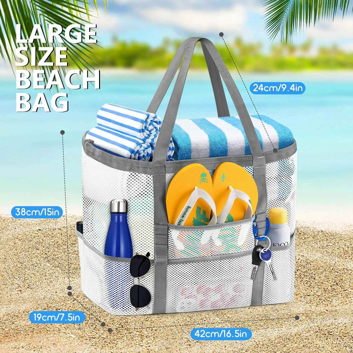 Ayieyill Mesh Beach Bag Tote Bag for Women, Foldable Swim Large Beach Tote Bag with Zipper Pockets Waterproof Sandproof