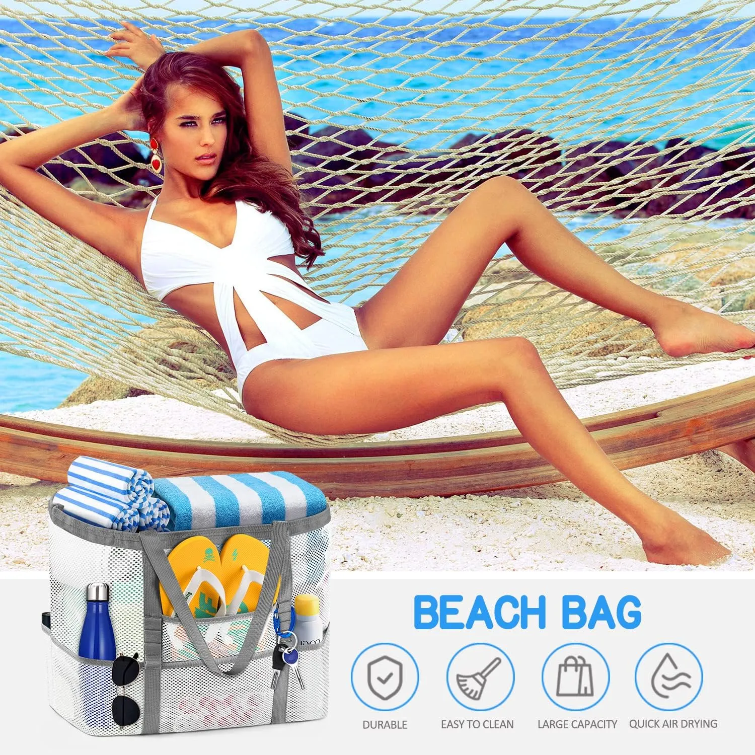 Ayieyill Mesh Beach Bag Tote Bag for Women, Foldable Swim Large Beach Tote Bag with Zipper Pockets Waterproof Sandproof