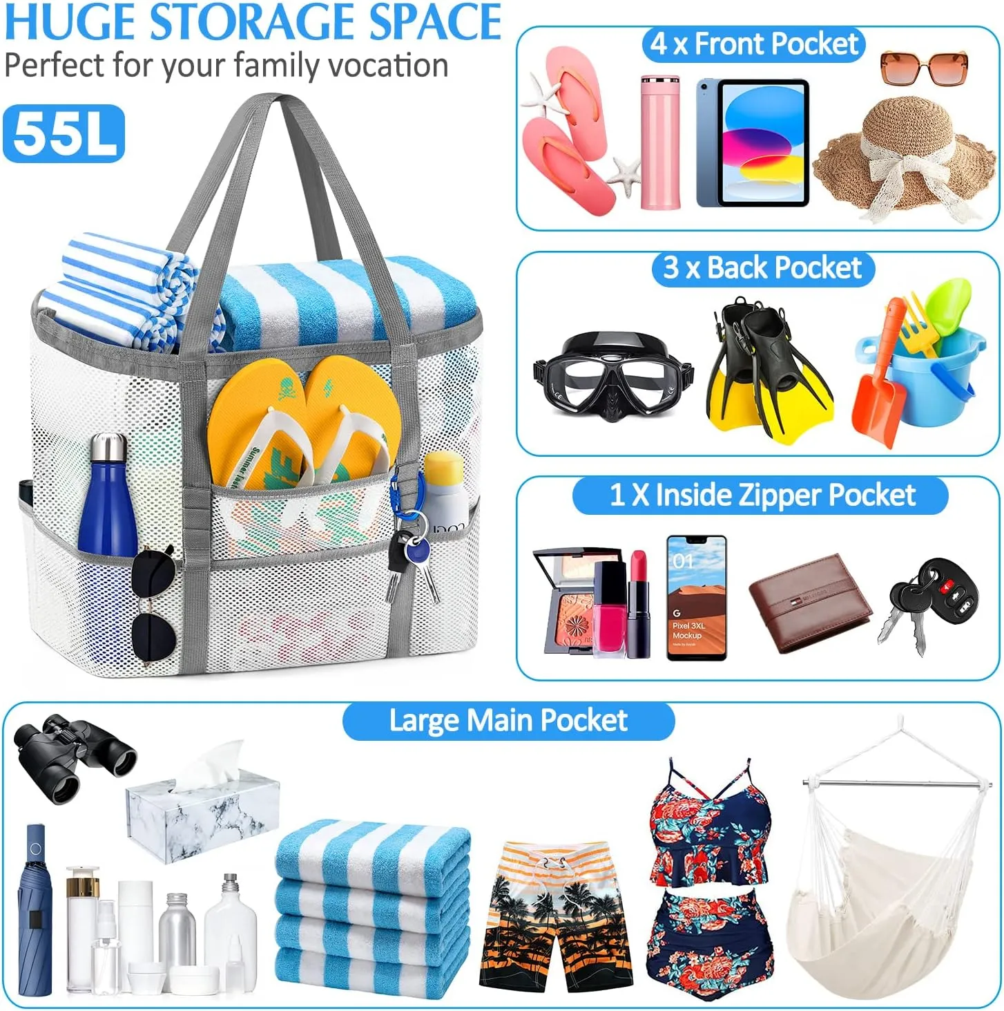 Ayieyill Mesh Beach Bag Tote Bag for Women, Foldable Swim Large Beach Tote Bag with Zipper Pockets Waterproof Sandproof
