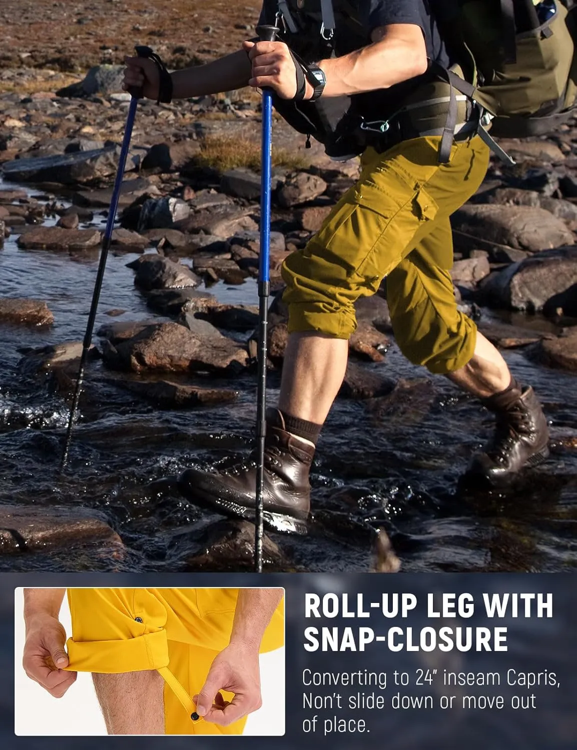 baleaf Men's Hiking Pants Water Resistant Convertible Cargo Capri Roll Up Capri UPF50  Zipper Pockets Clothing Travel