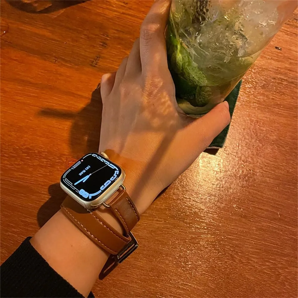 Band for Watch Ultra 49mm 45mm 42mm 44mm 41mm 38mm 40mm Double Tour Leather Strap for Iwatch Series 9 8 7 6 Se 5 4 3 2 Correa