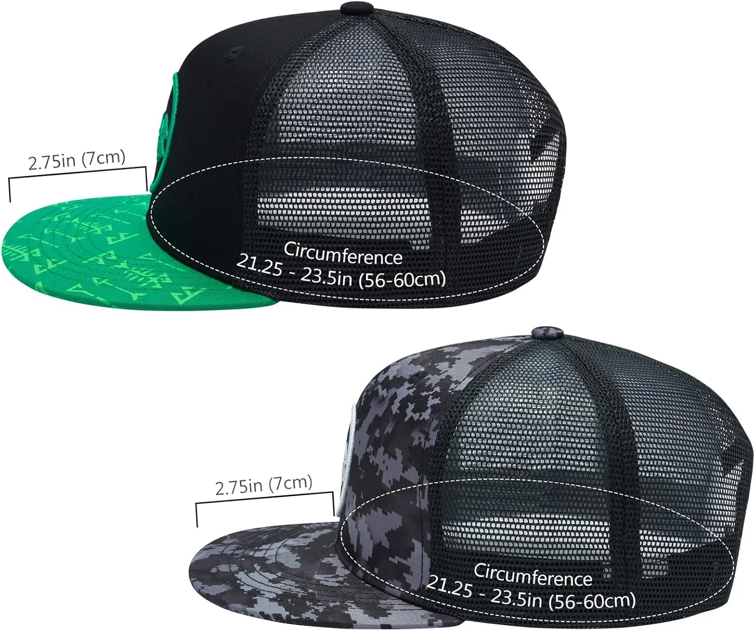 BASSDASH 2 Pack Flat Brim Trucker Cap Adjustable Snapback Hat Mesh Back for Men Women Fishing Hunting