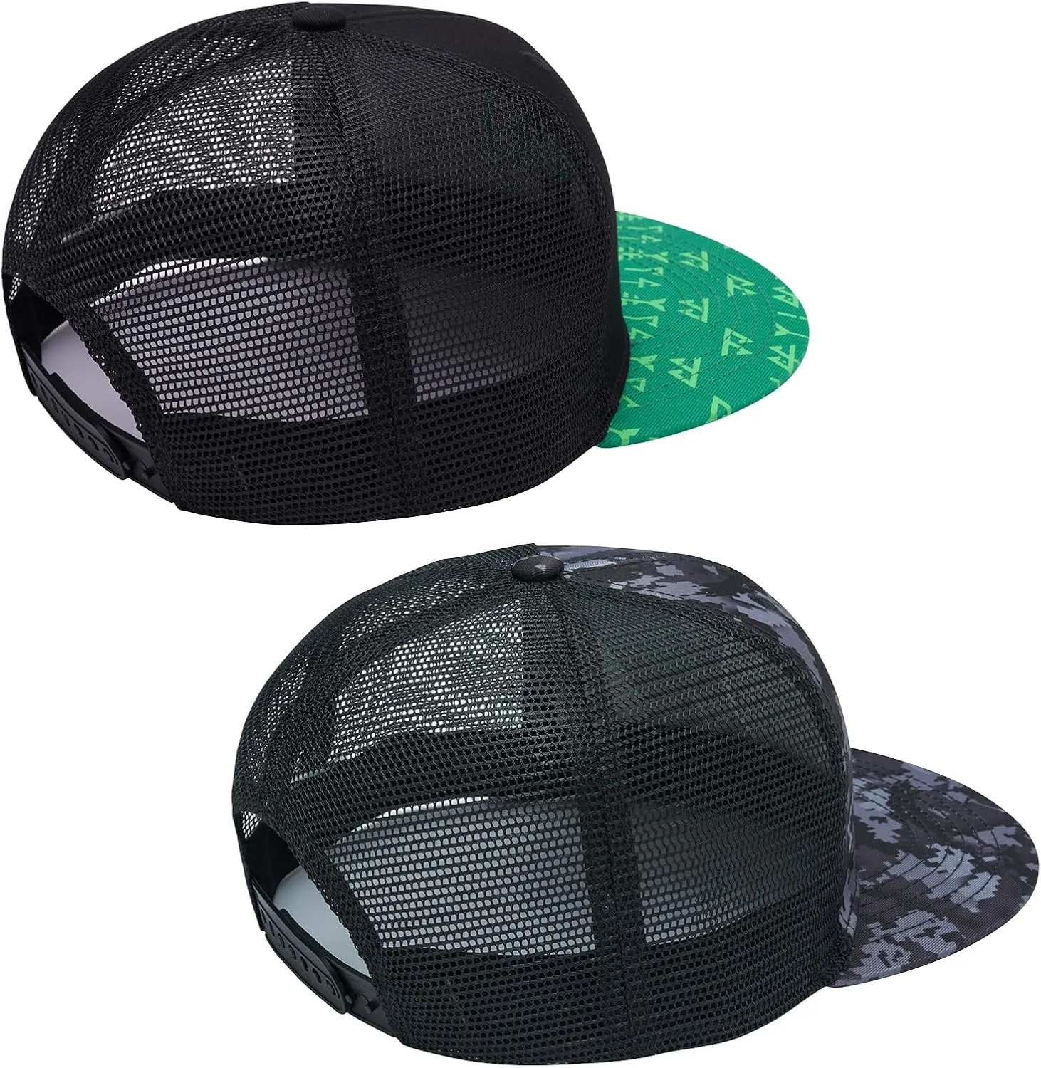 BASSDASH 2 Pack Flat Brim Trucker Cap Adjustable Snapback Hat Mesh Back for Men Women Fishing Hunting