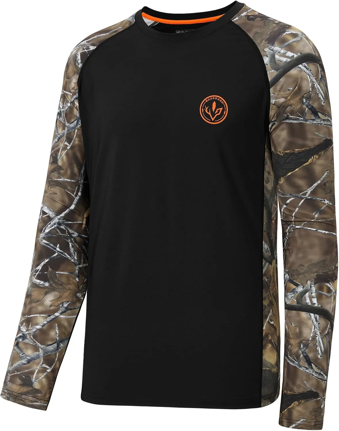 BASSDASH Men’s Lightweight Camo Hunting Shirt UPF 50  Sun Protection Long Sleeve Hiking Fishing Performance Tee Mesh Panels