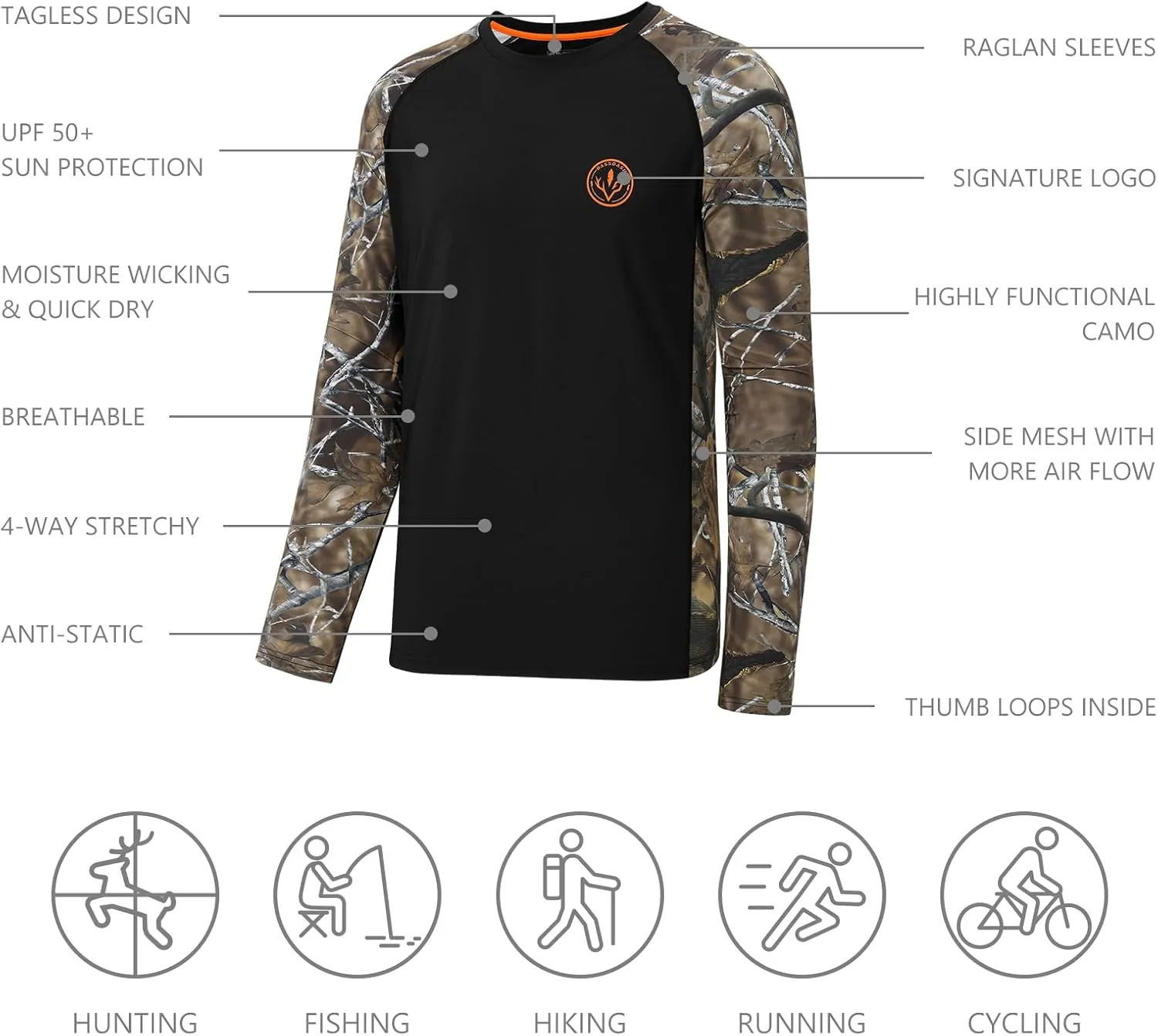 BASSDASH Men’s Lightweight Camo Hunting Shirt UPF 50  Sun Protection Long Sleeve Hiking Fishing Performance Tee Mesh Panels